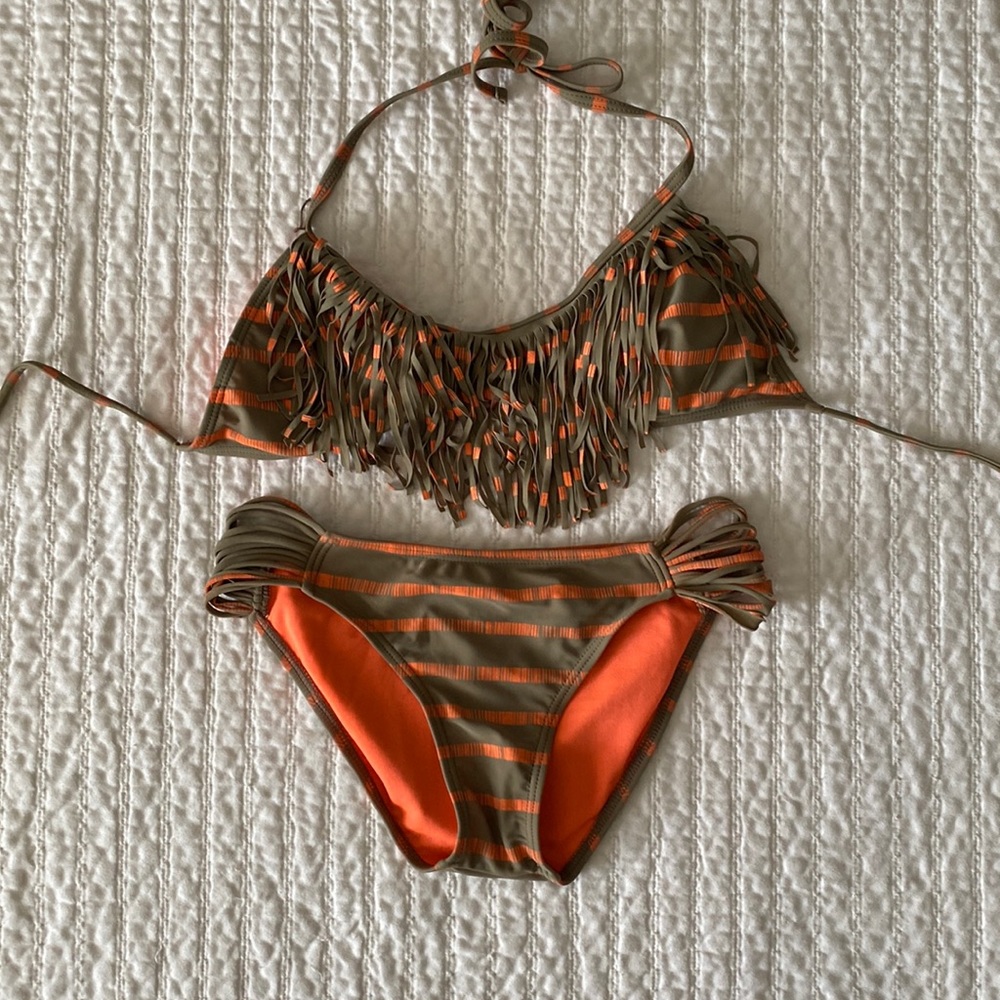 Grey and orange stripped fringe bikini